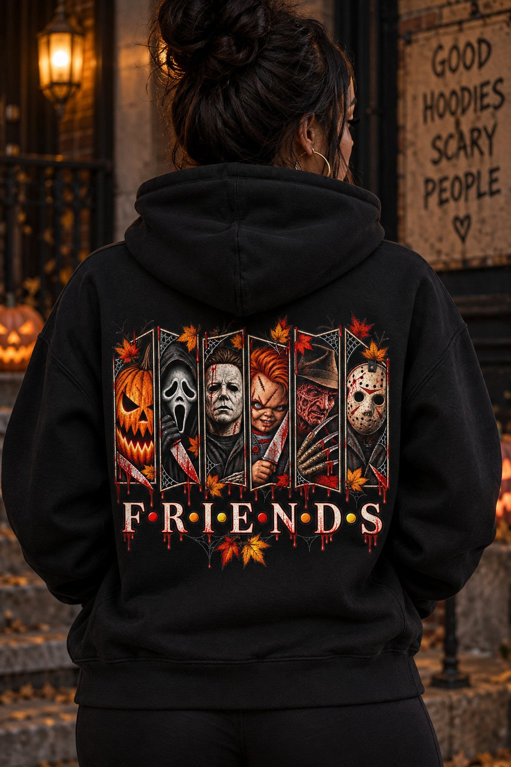 Halloween Friends graphic on back of black hoodie