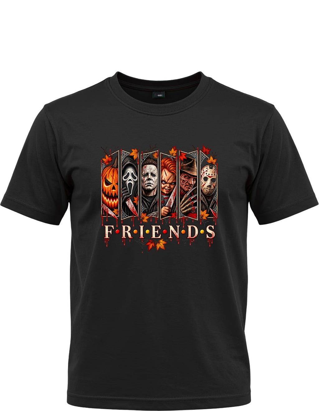 Halloween Friends graphic on black T-shirt