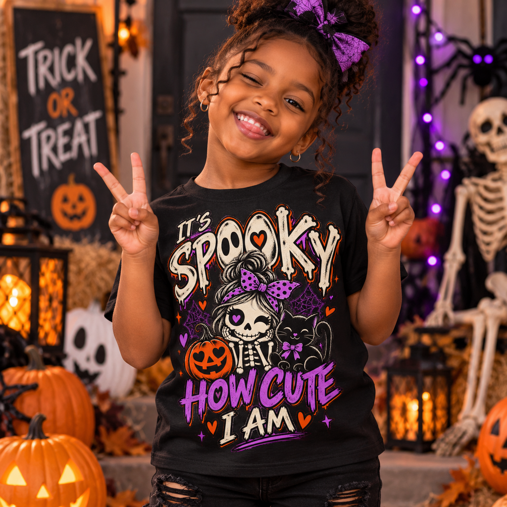 Girl wearing It's Spooky How Cute I Am black Halloween T-shirt