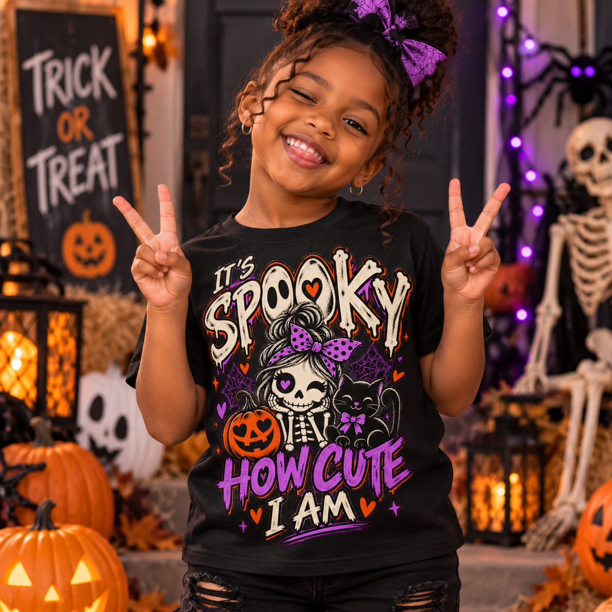 Girl wearing It's Spooky How Cute I Am black Halloween T-shirt