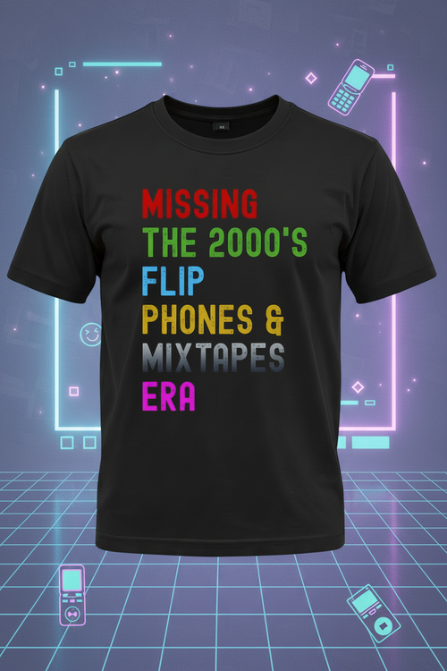 Black t-shirt with colorful text on a retro-themed background
