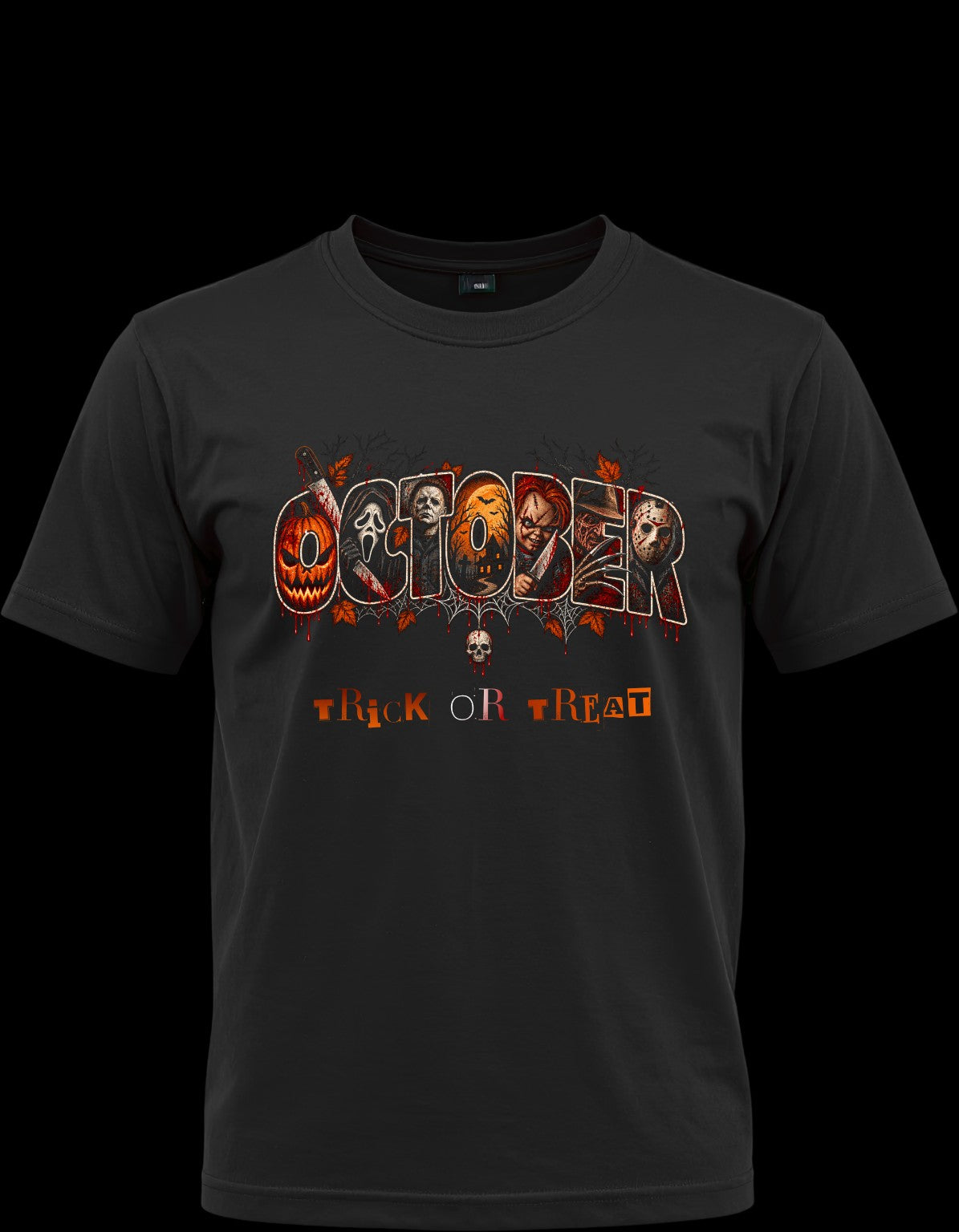 October Trick or Treat Halloween graphic on black T-shirt