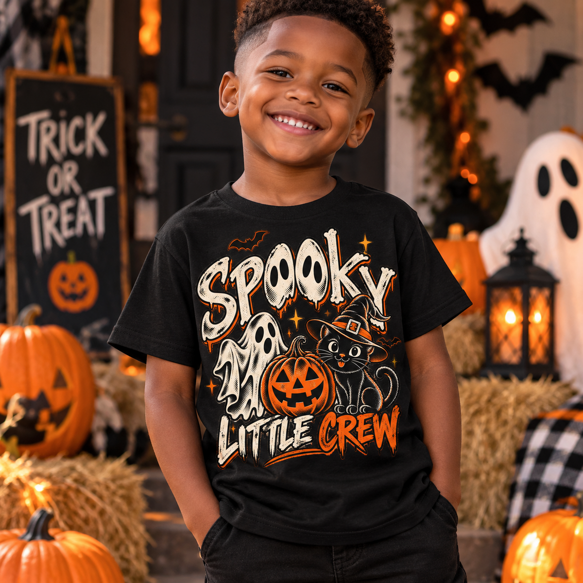 Child wearing Spooky Little Crew black Halloween T-shirt