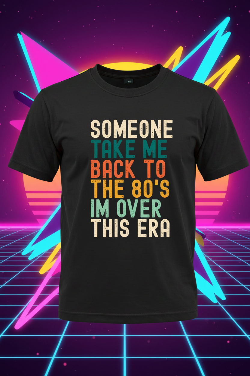 Black t-shirt with colorful text design on a black background