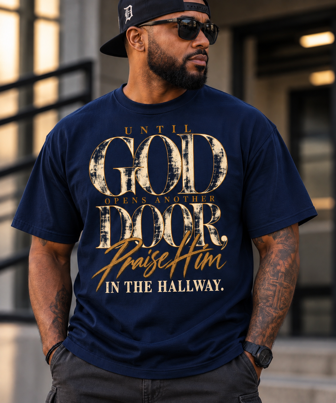 Man wearing Until God Opens Another Door navy graphic tee