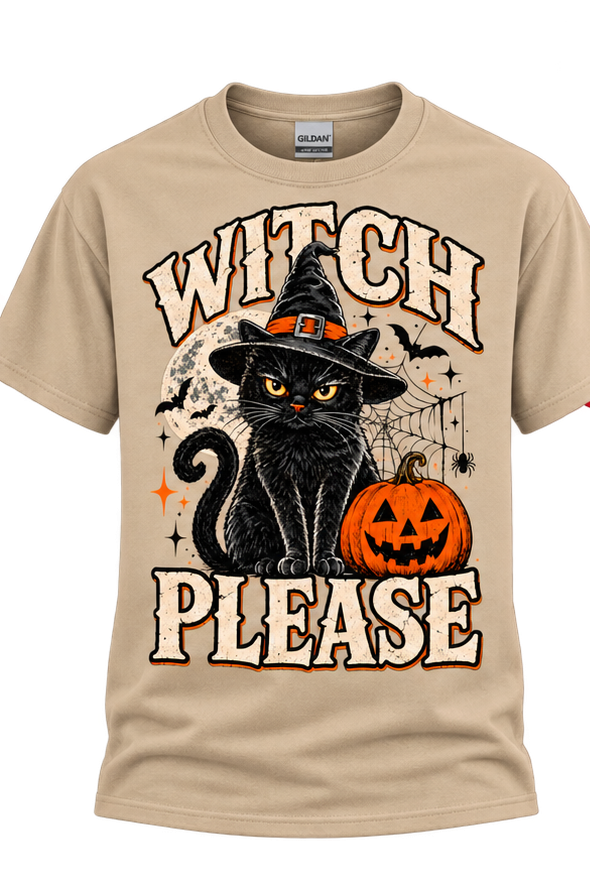 Witch Please sand T-shirt transparent product mockup